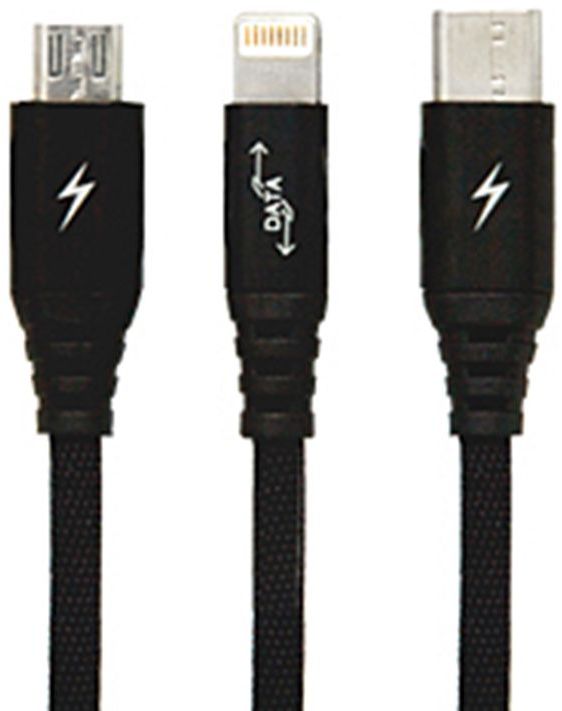 Кабель Ainy 3 в 1 Type-C/ micro USB/ Lightning 1.2m тканевый черный (FA-092A)
