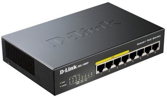 Коммутатор D-Link DGS-1008P, с 8 портами 10/100/1000 (4 порта с поддержкой PoE + 4 порта без поддерж