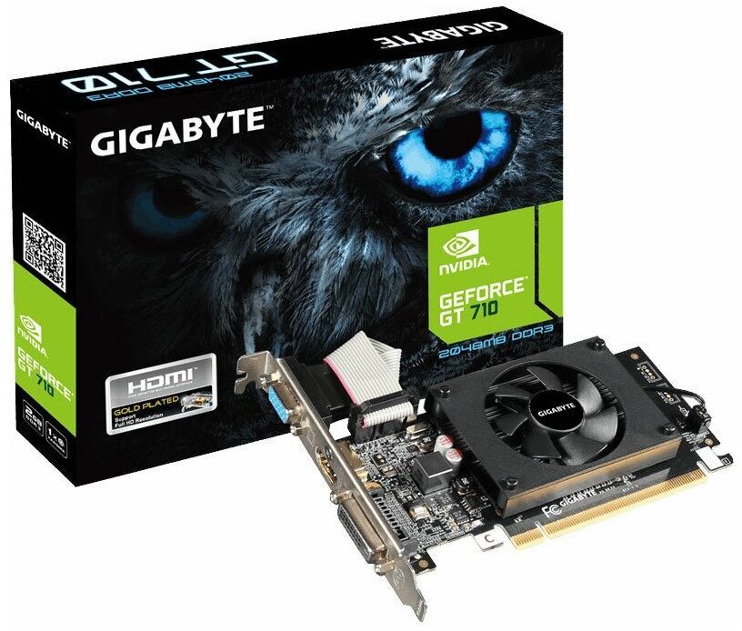 Видеокарта GIGABYTE GeForce GT710 Low Profile (GK208/28nm) (954/1800) GDDR3 2048MB 64-bit, PCI-E16x
