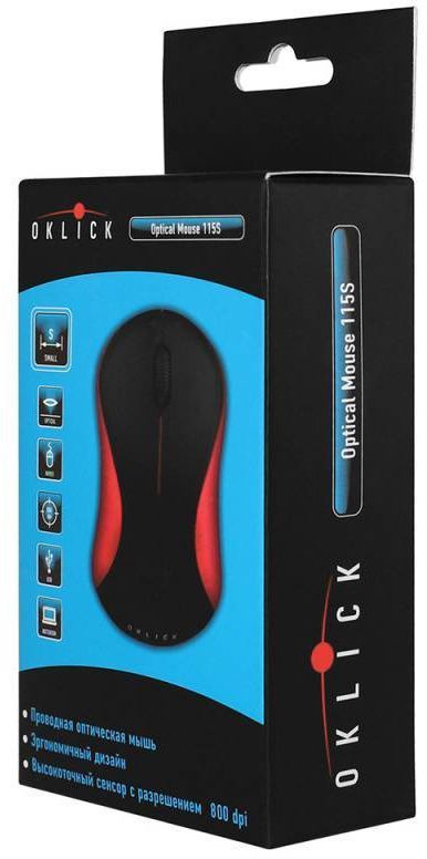 Мышь Оклик 115S черный/красный оптическая (1200dpi) USB для ноутбука (2but)