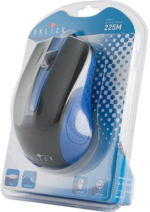 Мышь Оклик 225M черный/синий оптическая (1200dpi) USB (2but)