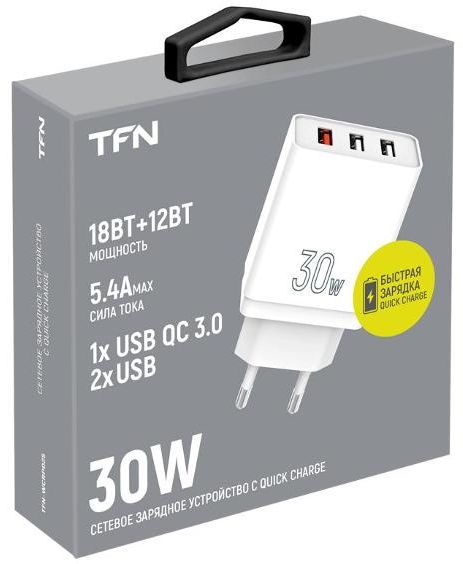 Сетевое зарядное устройство TFN WCRPD25 (1 USB QC 3A + 2 USB 2.4A/30W) белое