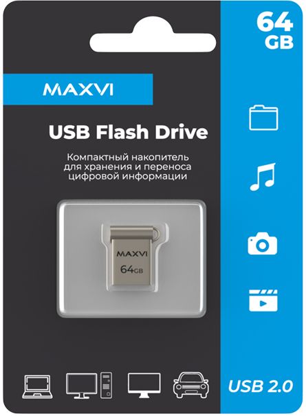 USB Flash Drive 64Gb Maxvi metallic silver (FD64GBUSB20C10MM)