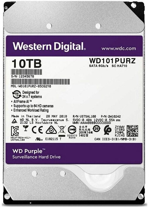 Жесткий диск 10 000Gb Western Digital 256MB 7200rpm WD101PURP для систем видеонаблюдения