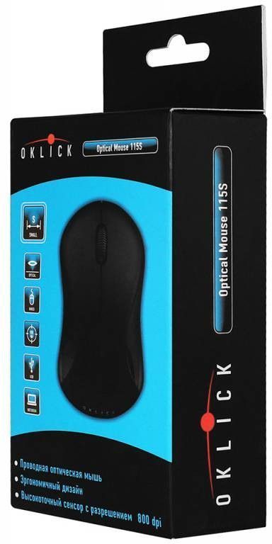 Мышь Оклик 115S черный оптическая (1200dpi) USB для ноутбука (2but)